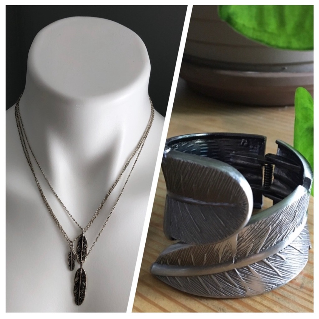 Boho Feather Leaf Cuff Bracelet And 3 Strand Layered Necklace Set